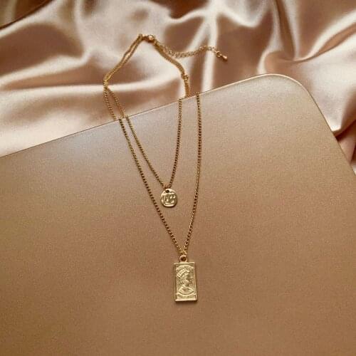 Vintage Classic Double Chains Round Alloy Piece Rectangle Metal Portrait Relief Pendent Necklace for Women Men Girl Neck Jewelry