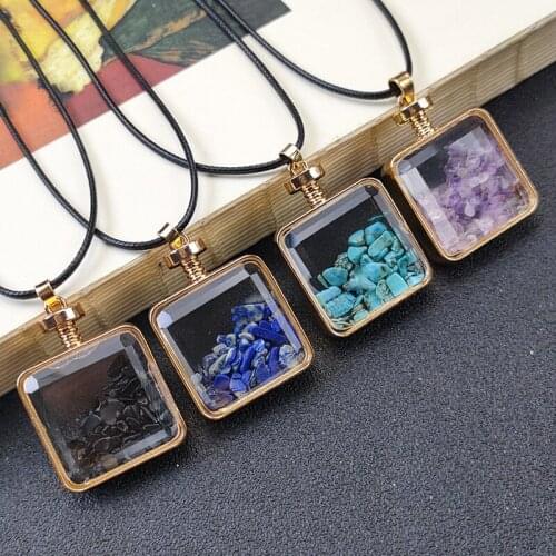 Chip Stone Wishing Bottle Square Shape Pendant Irregular Quartz Inside Necklace for Women with PU Cord