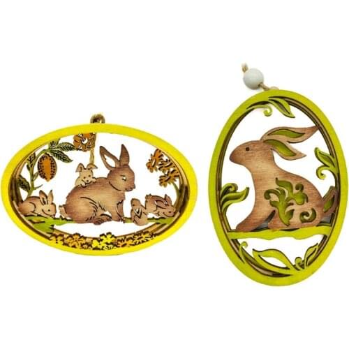Wooden Oval Rabbit Bunny Hanging Pendant Ornaments Easter Decorations Handcraft