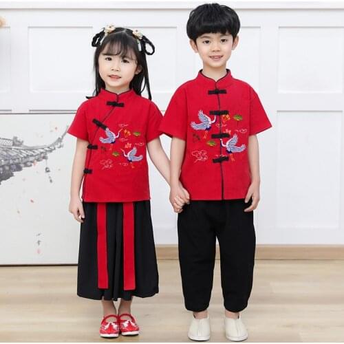 Kids Chinese Style Tang Suit Girl Boy Qipao Tops Skirt Pants Children Red Hanfu Cheongsam Dress Oriental Traditional Outfits Set