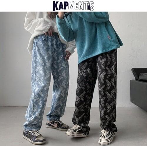 KAPMENTS Men Spring Graphic Printed Baggy Jeans 2021 Mens Korean Streetwear Wide Leg Pants Punk Joggers Male Black Trousers 5XL