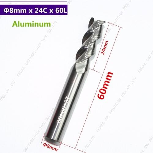 1PCS-8mm shank, D8*24*D8*60L,HRC55 3 Flutes Milling cutters for Aluminum CNC Tools Solid Carbide CNC flat End mills Router bits