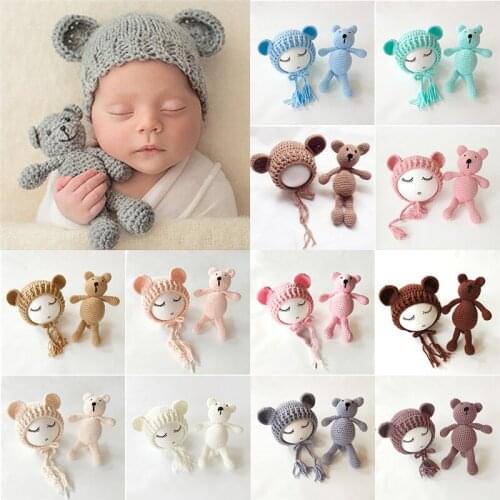 Lovely Newborn Baby Girls Boys Photography Prop Crochet Knit Costume Bear Hat Doll Toy