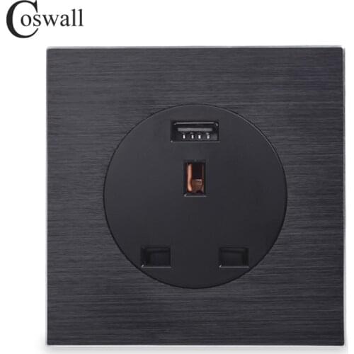 Coswall Aluminum Metal Panel 13A Wall Outlet UK British Standard Power Socket With USB Fast Charging Port DC 5V 2A R12 Series