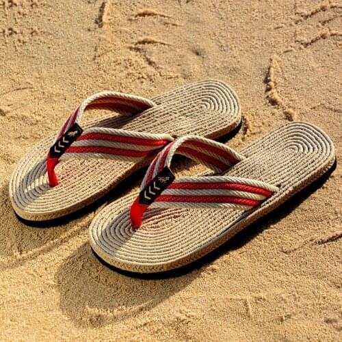 Non-slip grass woven flip flops casual sandals and slippers mens slippers flip-flops summer flat beach shoes