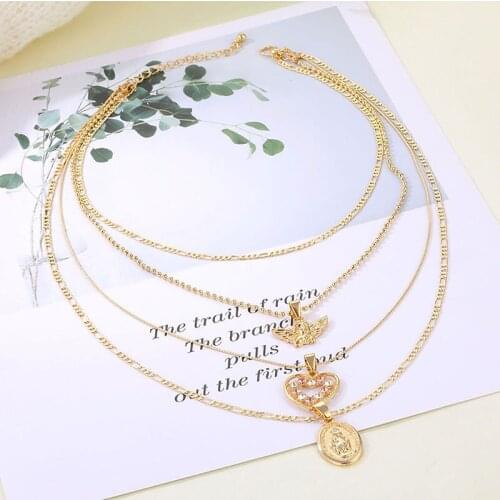 New Angel Heart Pink Crystal Virgin Mary Pendant Clavicle Chain Multilayer Necklace Set Jewelry Gift