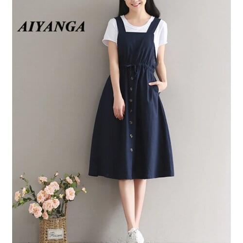 Summer Dress 2019 Strap Single-breasted Cotton Overall Short Dress Women Casual Slim Waist Sleeveless Dresses Femme