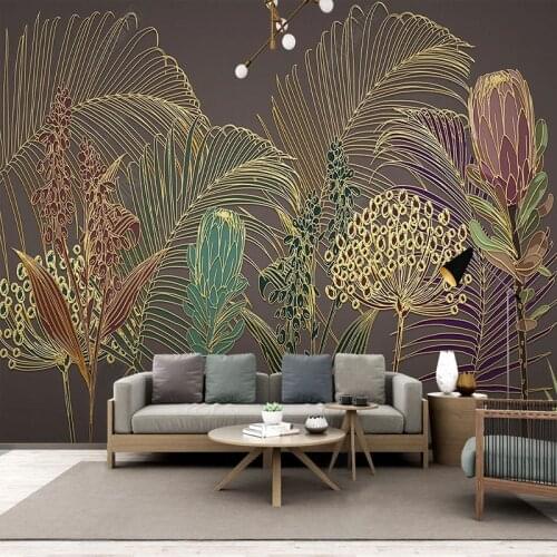Custom Photo Wallpaper 3D Light Luxury Embossed Line Drawing Tropical Plant Leaf Mural Living Room TV Background Wall Painting