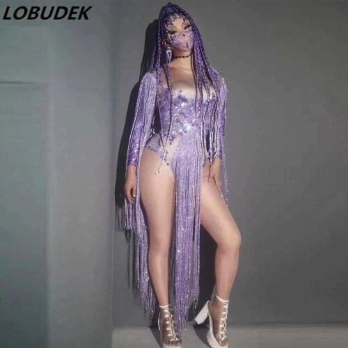 Purple Rhinestones Tassel Long Sleeve Stretch Bodysuit Bar Nightclub DJ Costume Sexy Party Show Stage Latin Dance