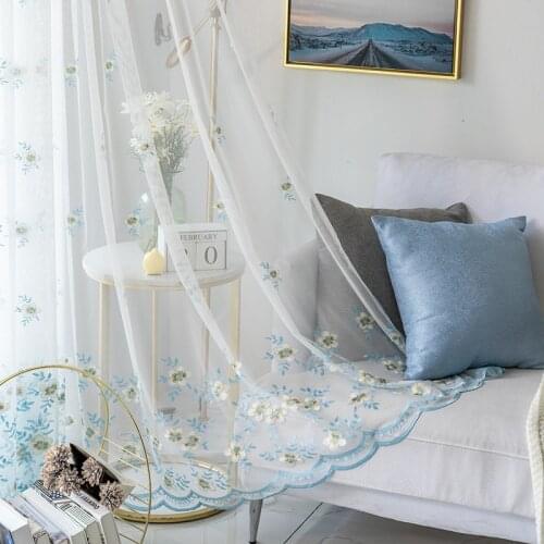 Blue Floral Embroidered Voile Curtain for Bedroom Lace Wave Bottom Rustic Country Delicate Net Fabric Bay Window Tende JS185C