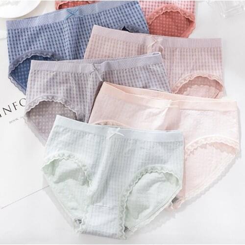 Wasteheart Women Fashion Green Skin Bow Sexy Cotton Mid Waist Panties Lace Underwear Lingerie Briefs Plaid Underpants F