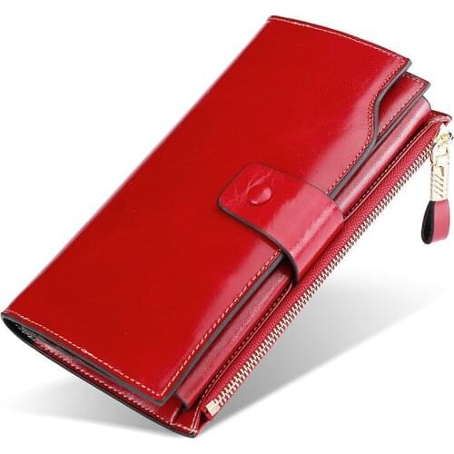 Wax Leather Women Long Purse Zipper Card Holder