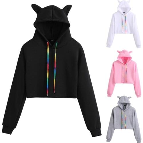 Womens Long Sleeve Rainbow Pullover Cute Cat Ears Hooded Sweatshirt Blouse Warm Oodies Embroidery Sweatshirt Women Sudadera