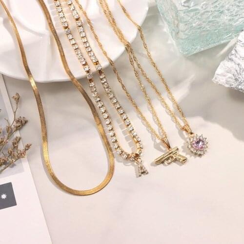 Flatfoosie Multi Layer Gun Heart Letter Crystal Pendant Necklace For Women Golden Metal Snake Chain Necklace Fashion Jewelry