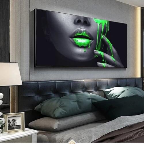 Women Face Sexy Lips Green Liquid Canvas Painting Wall Art Posters Prints Wall Pictures for Living Room Home Wall Cuadros Decor