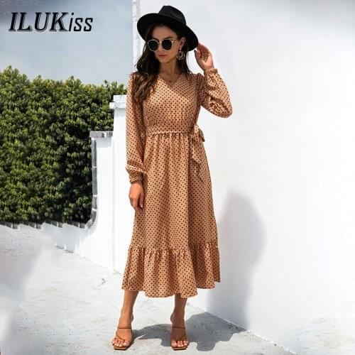 Fall Long Sleeve Dot Print Maxi Dress Women V Neck Lace Up Ruffles Yellow Split Dresses Elegant Vestidos Spring Autumn Clothing