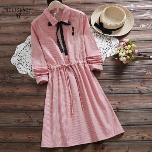 Striped Mori Girl Dress New Spring Autumn Women Turn-down Collar Long Sleeved Embroidery Dresses Japan Vintage Vestido