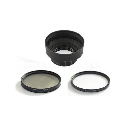 3 in 1 49 52 55 58 62 67 72 77mm Rubber Lens Hood +UV Filter + CPL Filter for 5D2 5D3 6D D3100 D3200 D5100 D5200 D7000 D7100 D90
