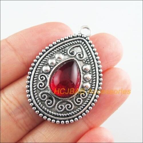 4 New Teardrop Charms Red Glaze Flower Pendants Tibetan Silver Tone 26.5x38mm