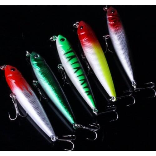 5Pcs Floating Pencil Fishing Lure Top Water Wobbler Hard Plastic Long Fishing Baits 8cm 9.1g 6# Hooks