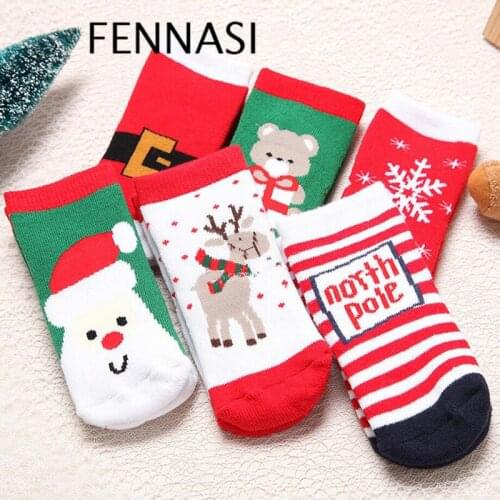 FENNASI 6 Pair lot Baby Christmas Socks New Years Gift Autumn Winter Kids Red Cute Cartoon Animal Socks Warm 0-5Y