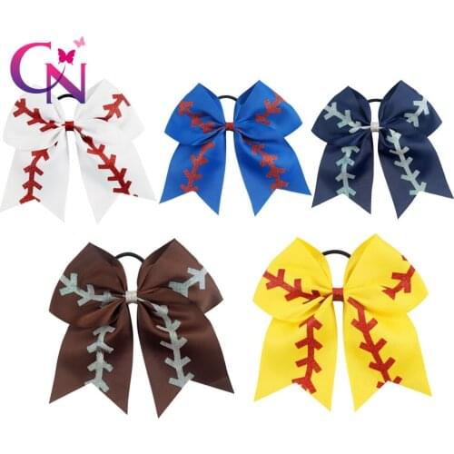 20 Pcs/lot 7" Solid Ribbon Baseball Cheer Bow With Glitter For Girls Kids Handmade Large Elastic Hairband Hair Accessories