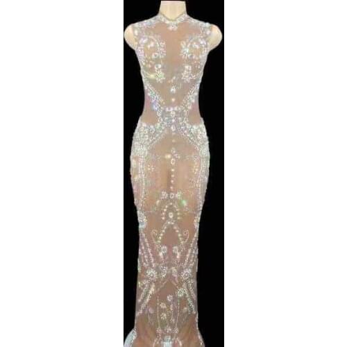 Flashing Rhinestones Tan Mesh See Through Dress Sleeveless Stretch Evening Stage Dance Show Birthday Party Outfit