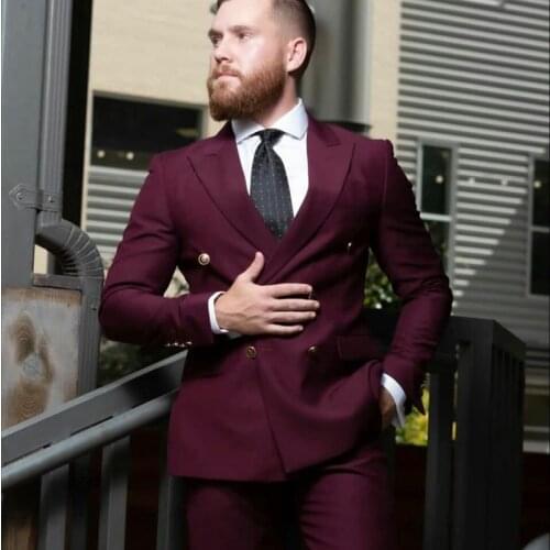 Burgundy Double Breasted Mens Pants Suits Plus Size Groom Best Man Coat Business Wedding Blazer (Jacket+Pants)