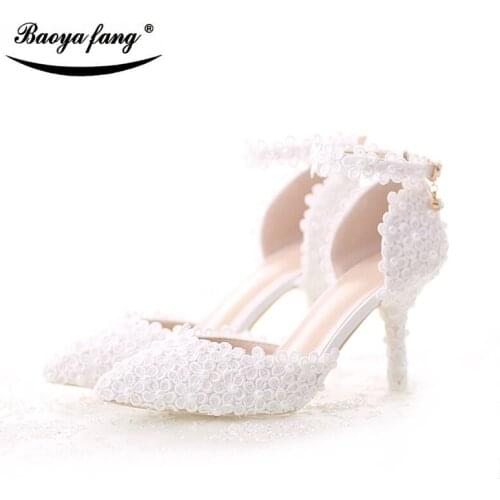 New Arrival Summer Women Sandals Fashion Bride Wedding shoes ankle Strap pointed toe Party dress shoes small flower white lace