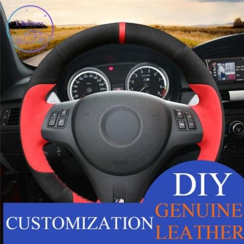 For BMW M3 2009-2013 /E92 Car Steering Wheel Cover Black Red Suede Leather Anti-slip fit all season comfortable touching sense