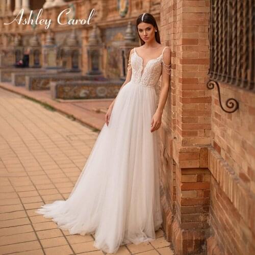 Ashley Carol A-Line Wedding Dress 2021 Sexy Backless Spaghetti Straps Beaded Appliques Sweetheart Bride Dresses Vestido De Noiva