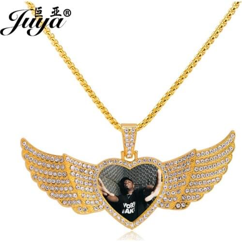 JUYA Customized Wings Heart Pendant Base Charms With 60cm Chains DIY Memento Photo Necklace For Hiphop Personalized Jewelry