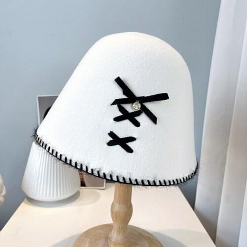 Korean Fashion Fall Winter Australian Wool Sweet Bowknot Women Bucket Cap Cute Girl Basin Cap Leisure Hat Femme Gorro