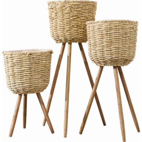 1-3PCS Decorative shop door clothing store ins wind handmade natural grass woven wooden floor flower stand WF6211150