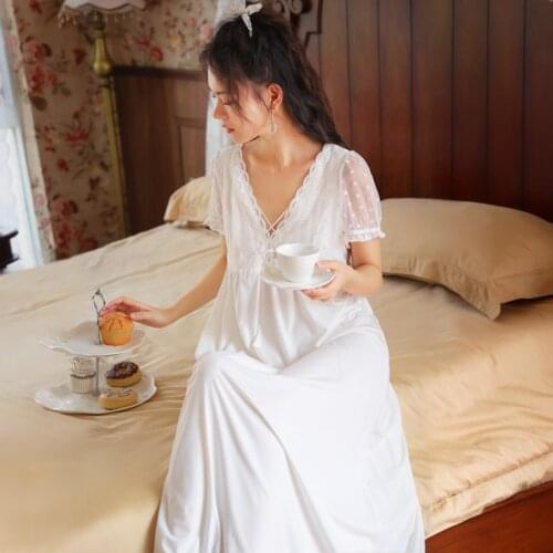 Summer Short-sleeved Nightgown Women Cotton Pajama Skirt White Vintage Court Sleep Wear V-Neck Sexy Nightgowns Lace Homewear