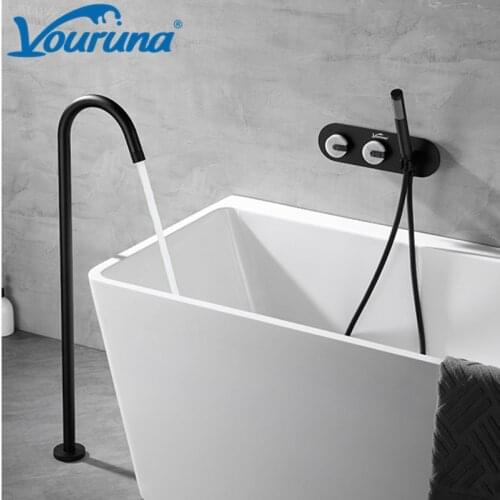 VOURUNA Matte Black Free Standing Bathtub Faucet With Wall Mounted Control Valve Floor Mounted Bath Tub Filler Tap