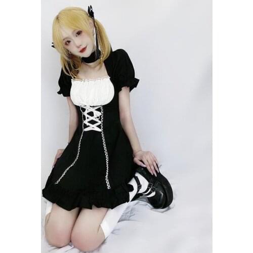 Lovely Lolita Gothic Dresses Black Girl Punk Style Puff Sleeve Bandage Mini Dress