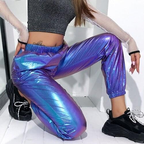 Fashion laser shine harem pants Women reflection gold high waist casual pants capri Female loose streetwear hip pop sweatpants