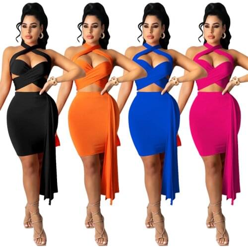 2021 Fashion Women Two Pieces Sets Halter Bnadage Top & Bodycon Skirts Sexy Package Hip Dress Night Club party Wear
