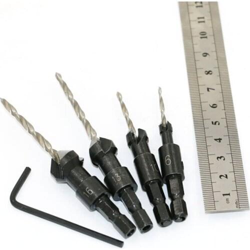 4PCS HSS Countersink Drill Bit Set Woodworking Hex Shank #6 #10 #13 #16 Adjustable Counter Sleeve Depth For Clamp With Wrench
