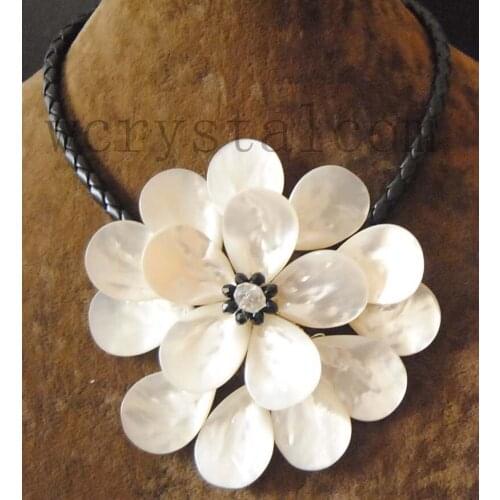 Charming white sea shell flower black clear crystal Necklace leather