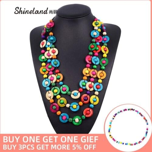 Shineland Boho Colorful Coconut shell Wood Beads Pendant Necklaces Women Ethnic Jewelry Handmade Multi-layer Rope Chain Bijoux