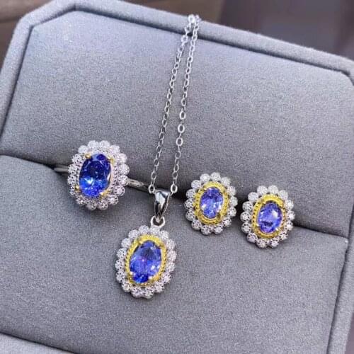Anniversary Best Gift Tanzanite Set 925 sterling silver 1pc Tanzanite Ring,2pcs Tanzanite Earring,1pc Tanzanite Pendant