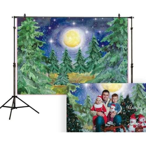Christmas Backdrop Watercolor Painting Forest Photography Backdrop Night Moon Christmas Xmas Background Family Party Photobooth