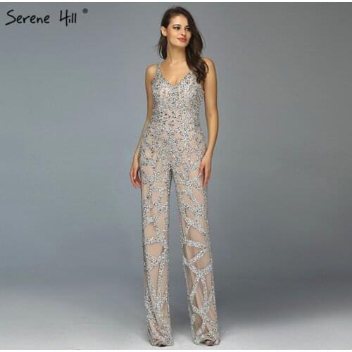 Silver Nude V-Neck Jumpsuit Luxury Evening Dresses 2019 Sleeveless Sequined Sexy Evening Gowns Serene Hill DLA60985