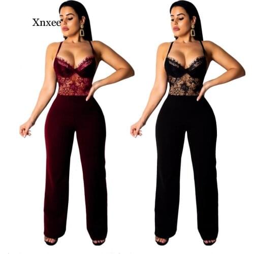 Vintage Sexy Lace Perspective V Neck Straight Rompers Slim Bodysuit Women Elegant Lady Casual Jumpsuit Overalls Trousers
