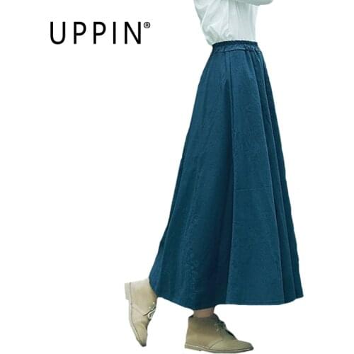 UPPIN 2018 Women Linen Cotton Long Skirts Elastic Waist Pleated Maxi Skirts Beach Boho Vintage Summer Blue Skirts Faldas Saia