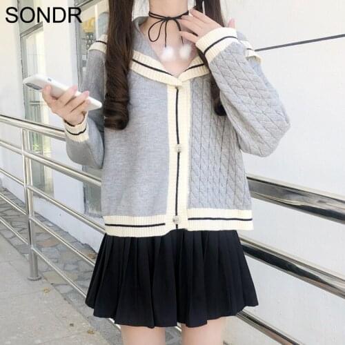 College Style Sweater Cardigan Knitted Jacket Women 2020 New Autumn Cute Navy Neck Long Sleeve Soft Girl Sweater Top Winter Coat