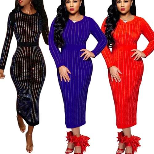 Somoshein S-3xl Womens Formal Dresses Party Club Long Sleeve Dress Hot Rhinestones Plus Size Clothing Wholesale Dropshopping