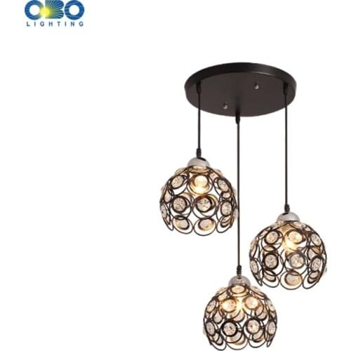 Vintage Crystal Pendant Lamp Iron Lampshade Black/White/Gold Cord 1.5m Wire Inrood Lighting LED Pendant Light 3 Heads E27 Bulb